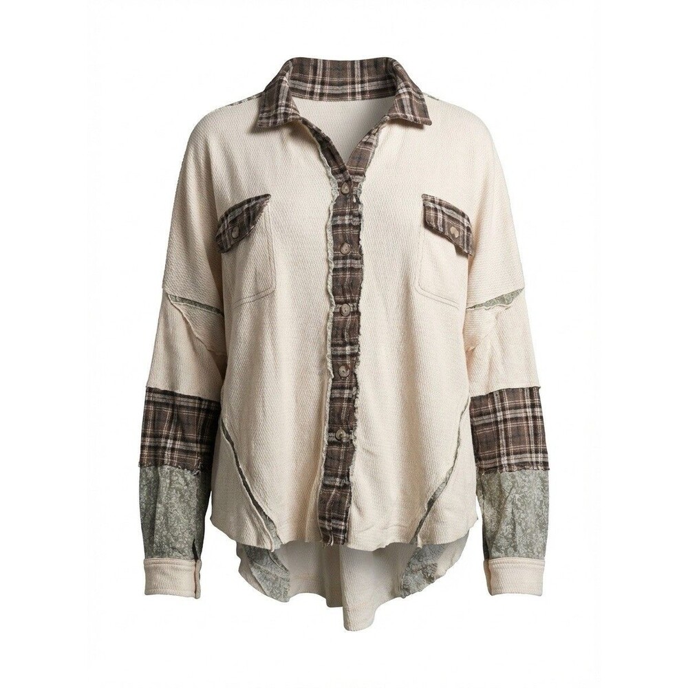Miss Me Long Sleeve Colorblock Patched Button Up Boho Shacket Top Size Large